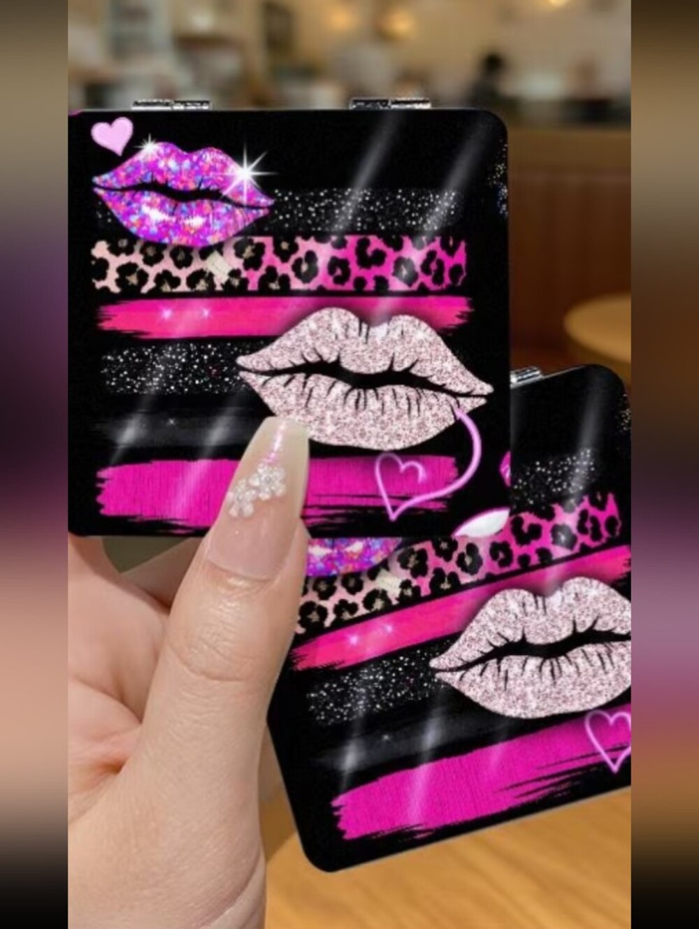 Black Glitter Lip & Leopard Compact Mirror Magnified & Regular
